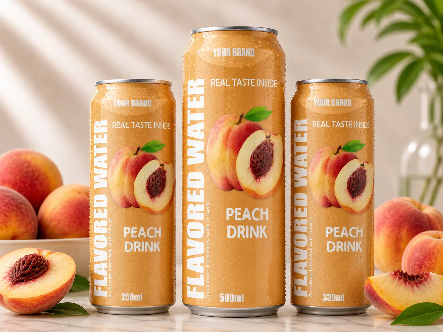 FLAVORED WATER peach drink cans in 250ml, 330ml and 500ml sizes.